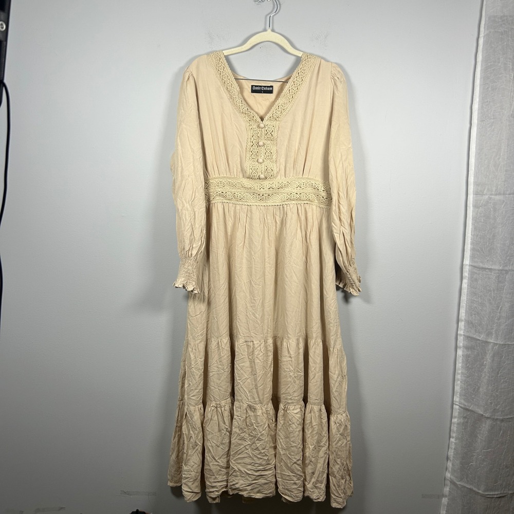 Scarlet Darkness Maxi Dress Womens Large Beige Victorian Lace Tiered Renaissance